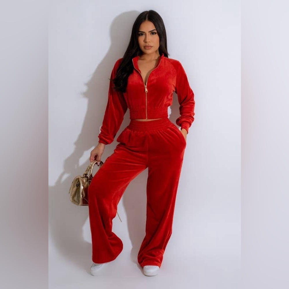 Velour Bomber Jacket & Pants Set: Scarlet